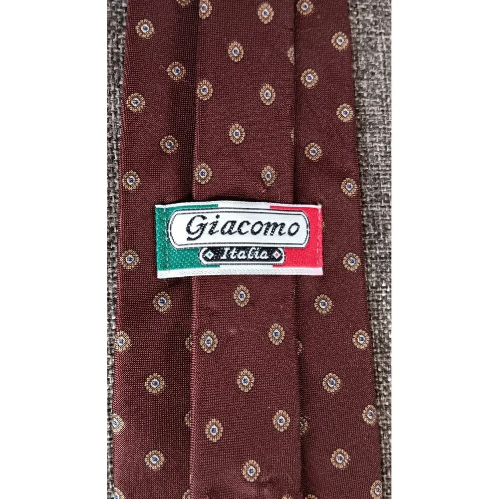 Dress Tie 70s 80s 90s Y2K Mens Giacomo Brown Polka Dot silk 3.25 Wide 57 Long